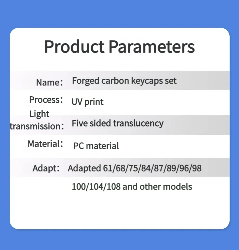 Detailed of Exclusive blue forged carbon keycaps set, showcasing its dynamic texture, sleek modern design, and crisp side-printed legends for a premium aesthetic.