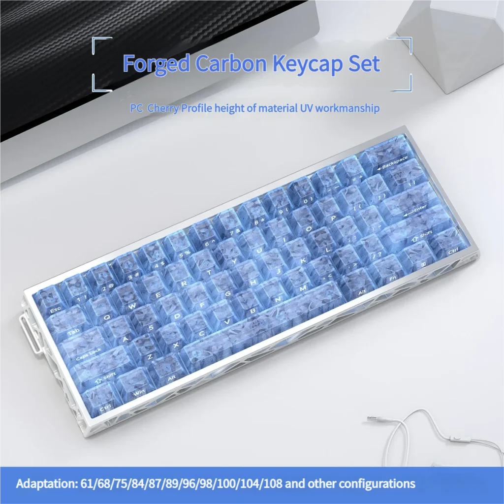 Exclusive Blue Forged Carbon Keycaps Set main image, highlighting the dynamic blue forged carbon texture and sleek side-printed legends.