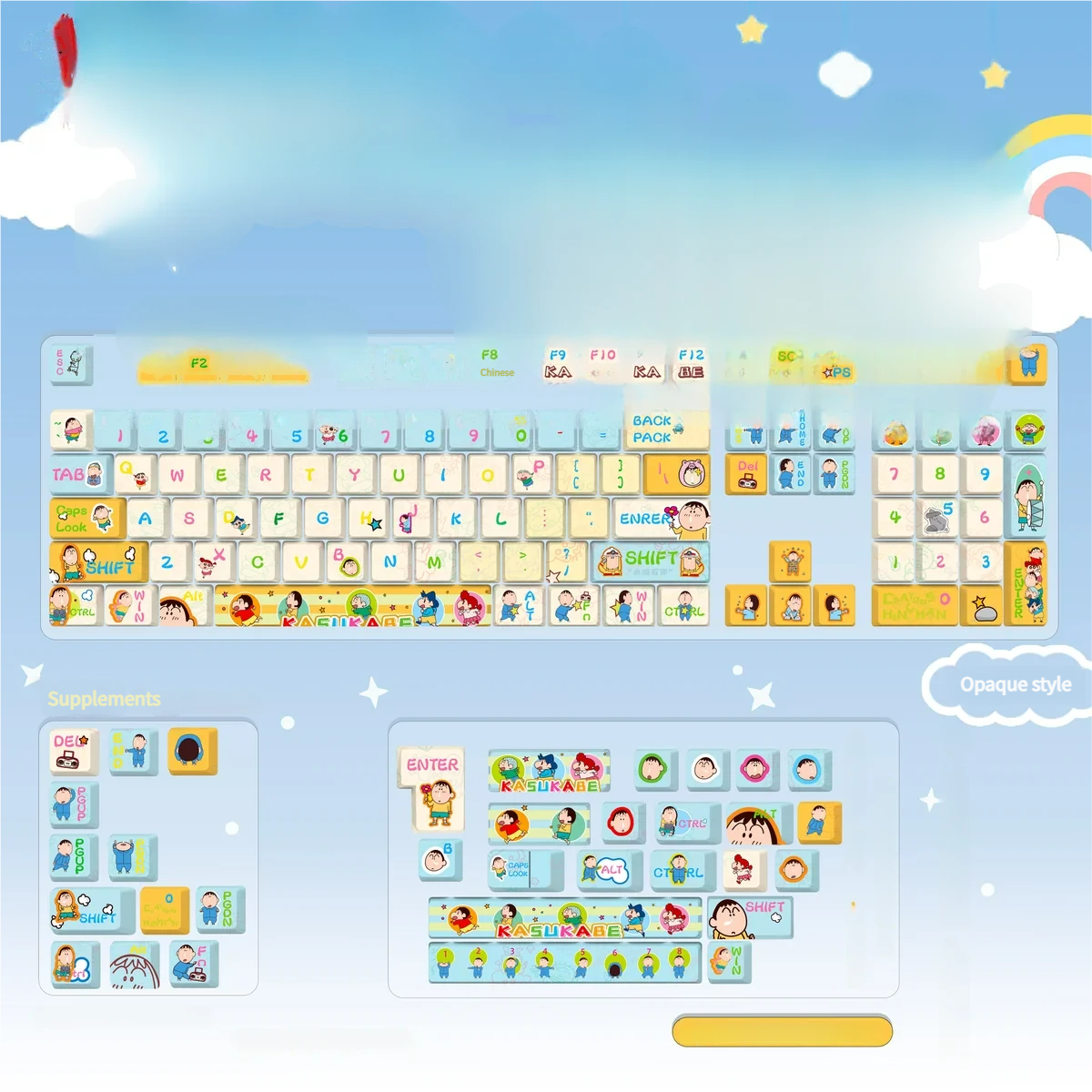 Bo-chan Daily Charm PBT keycap set gallery. Features exclusive Crayon Shin-chan Bo-chan designs, serene blue, and whimsical daily scenes shown from all angles.