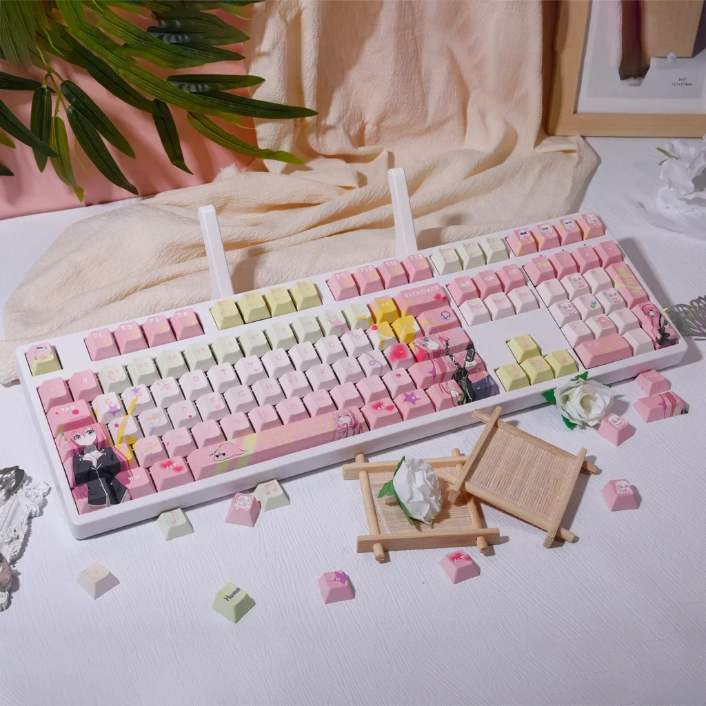 Official Bocchi the Rock! Hitori Gotoh keycap set gallery displaying vibrant anime character art from various angles, ideal for premium keyboard customization.