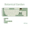 Lush botanical keycaps in an MDA PBT keyboard set, shown from various angles revealing vibrant green foliage and delicate floral designs.