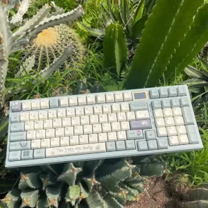 A close-up of lush Botanical Keycaps Set, showcasing vibrant green illustrations, delicate floral accents, and the unique, durable MDA PBT profile.