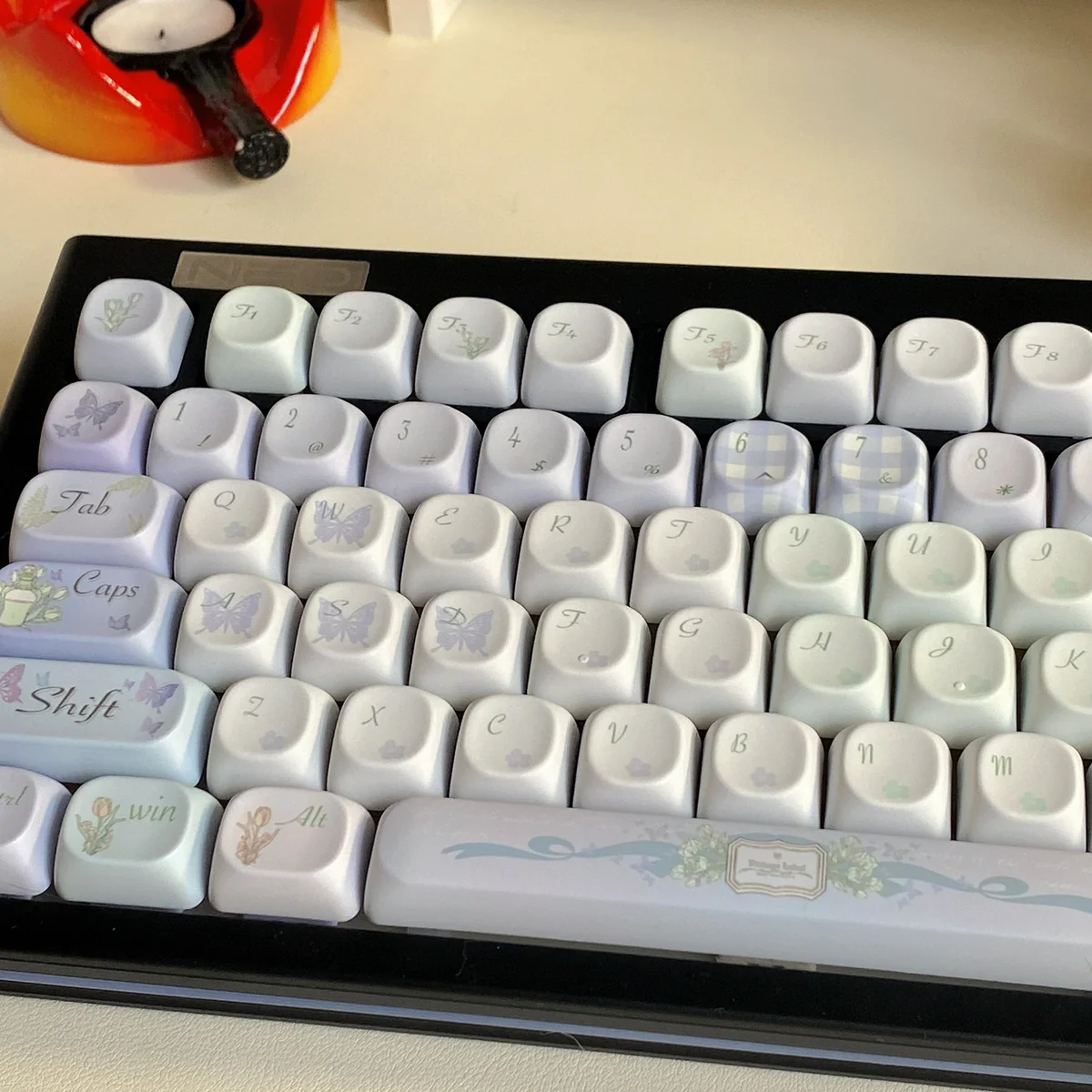 British Impression Series Keycap Set, multi-angle views. Highlights the unique purple-blue gradient and clean, sophisticated European aesthetic.