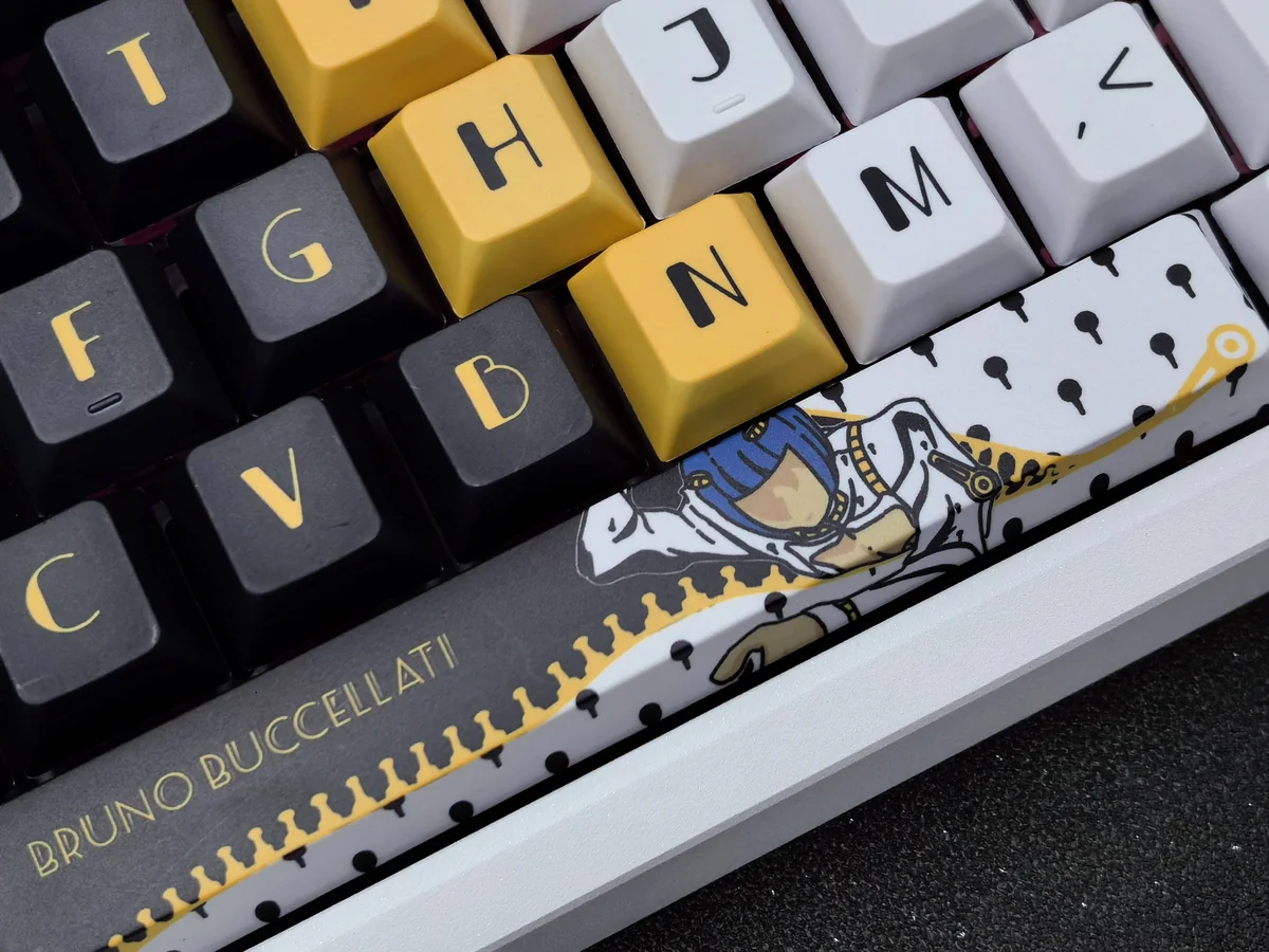 Buccellati keycap set, detailed views. Iconic Bruno Bucciarati motifs, signature zippers, and distinct Golden Wind colors. A premium JoJo tribute.