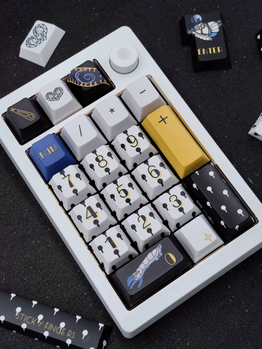 Exclusive Buccellati Keycap Set: Golden Wind Tribute. Displays iconic Bruno Bucciarati motifs, signature zippers, and the distinct Golden Wind color palettes.