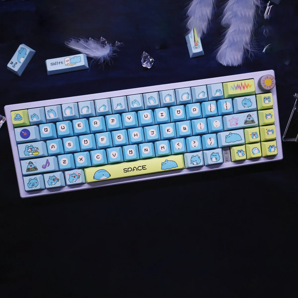 Multiple views of whimsical Bugcat Capoo PBT dye-sub keycaps set, showcasing vibrant blue and pastel cartoon characters with a durable, premium finish.