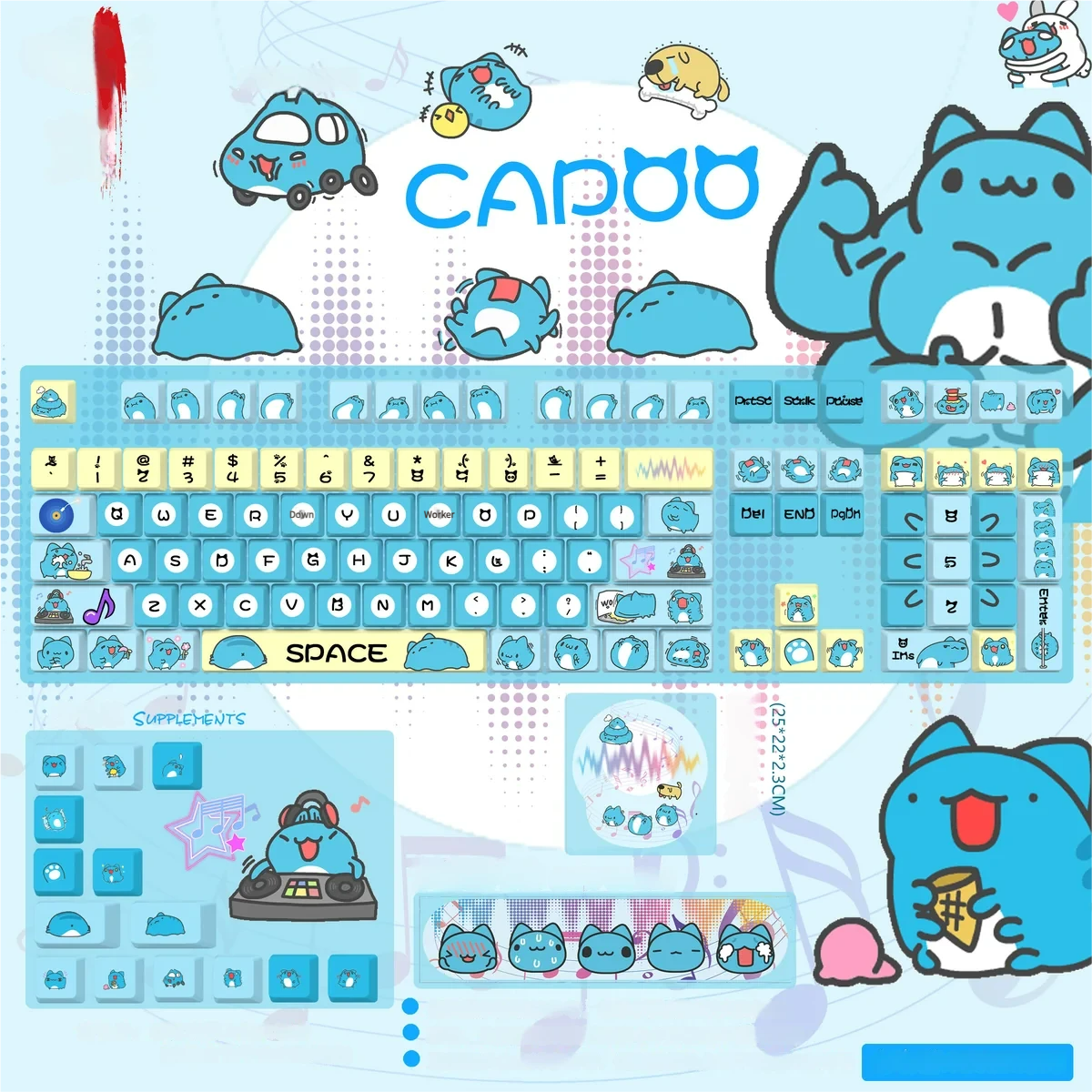 Bugcat Capoo PBT dye-sub keycaps set, a whimsical front-lit small full set featuring adorable characters in vibrant blue and pastel.