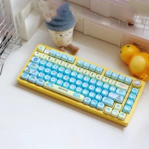 Adorable Bugcat Capoo PBT dye-sub keycaps set in vibrant blue and pastel, showcasing whimsical characters for a playful keyboard.