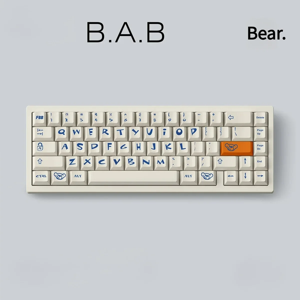 Whimsical Build-A-Bear PBT dye-sub keycaps set in a nostalgic retro teddy bear theme, captured from a charming angle, highlighting their playful pastel design.