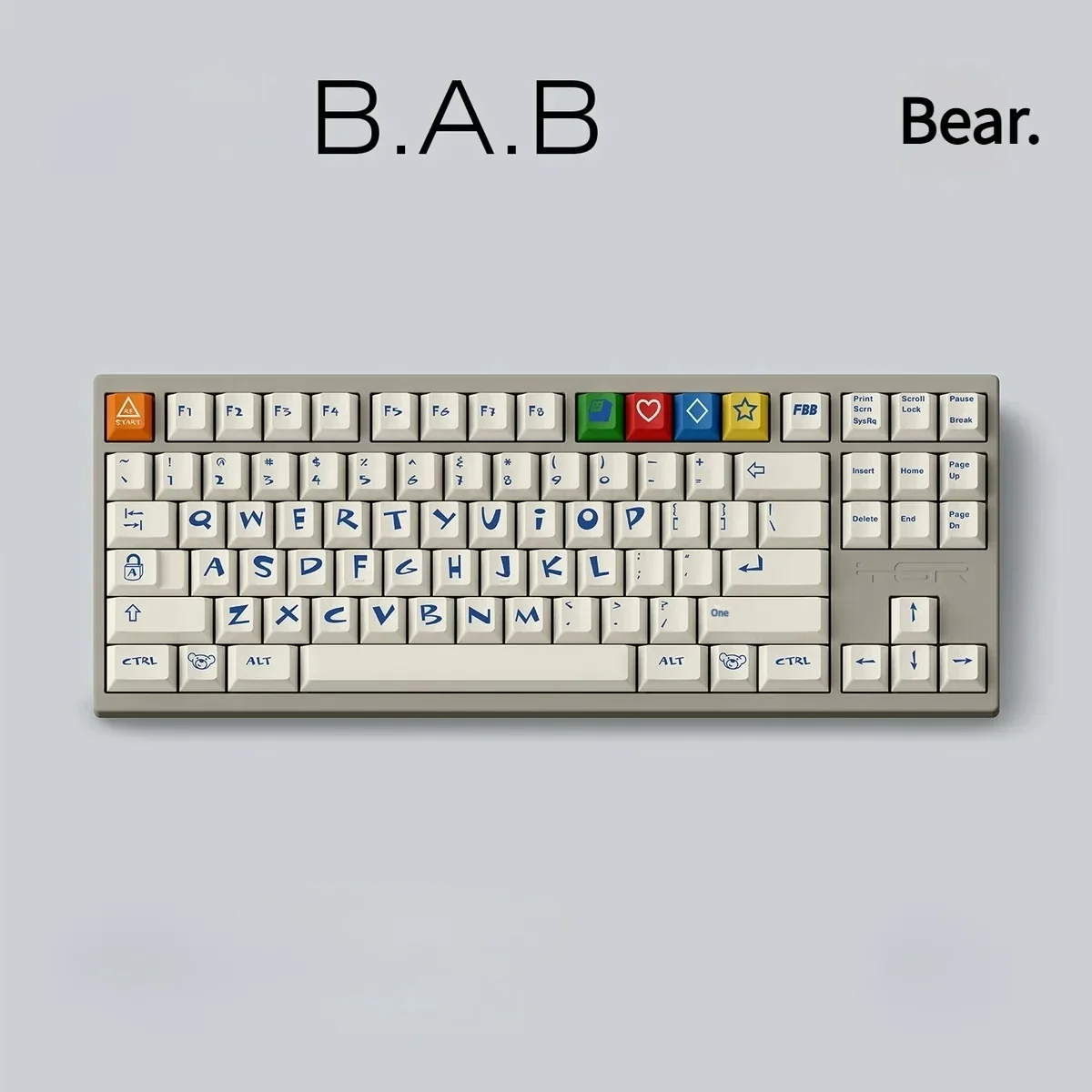 Whimsical Build-A-Bear PBT keycaps set with charming retro teddy bear designs in pastel tones, showcasing nostalgic dye-sub craftsmanship from a fresh angles.