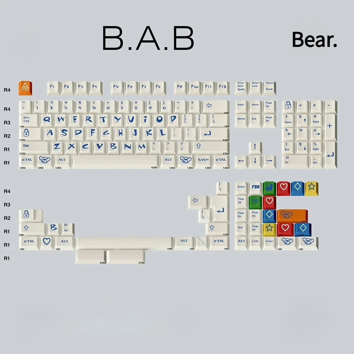 Playful close-up of the Build-A-Bear PBT Dye-Sub keycaps set, showcasing various angles of their whimsical pastel teddy bear designs and retro charm.