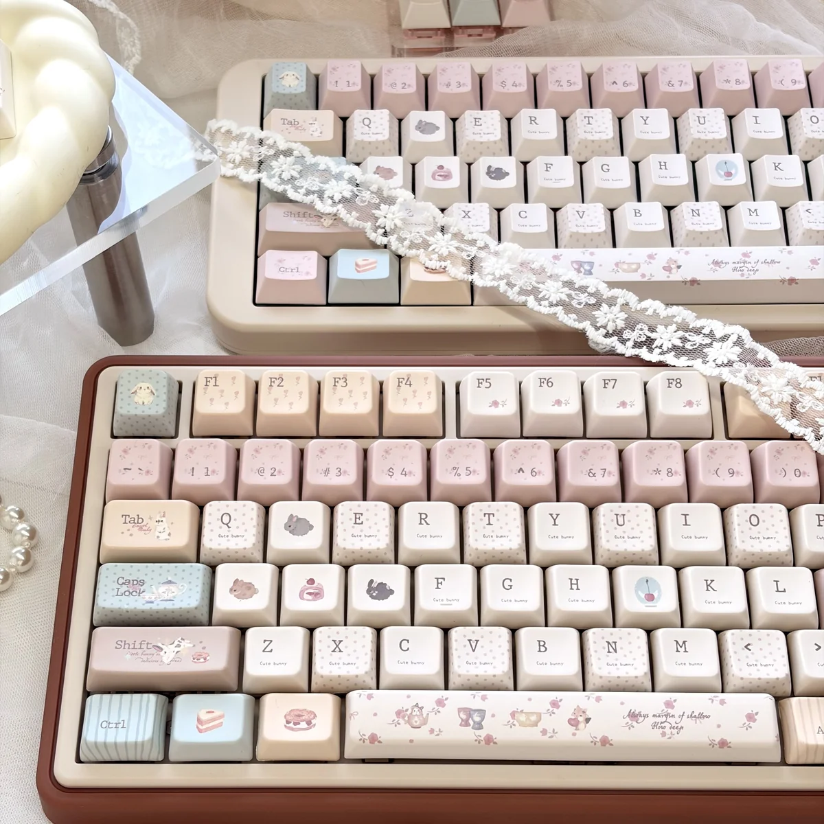 Whimsical Dessert Party Bunny Mechanical Keycaps Set gallery, showcasing detailed angles of charming pastel bunnies and sweet treats.