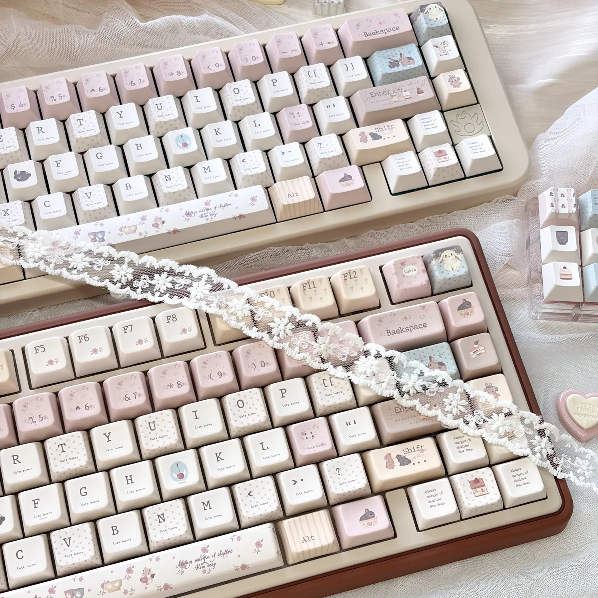 Whimsical pastel bunny keycaps set from the Dessert Party set, showcasing various charming angles of the delightful mechanical keyboard accessories.