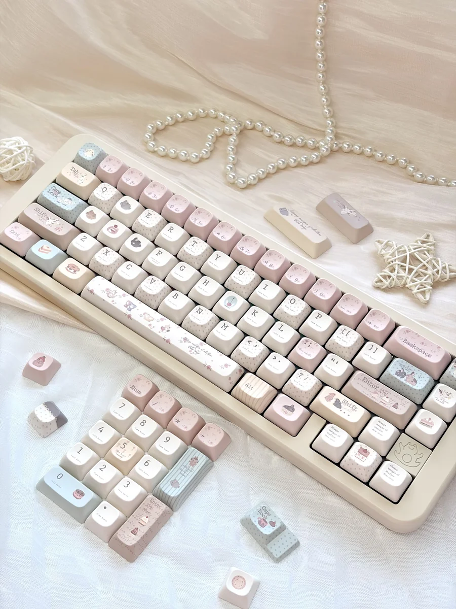 Whimsical Dessert Party Bunny Mechanical Keycap Set, a complete 147-key DMA variant showcasing delightful pastel bunnies enjoying sweets.