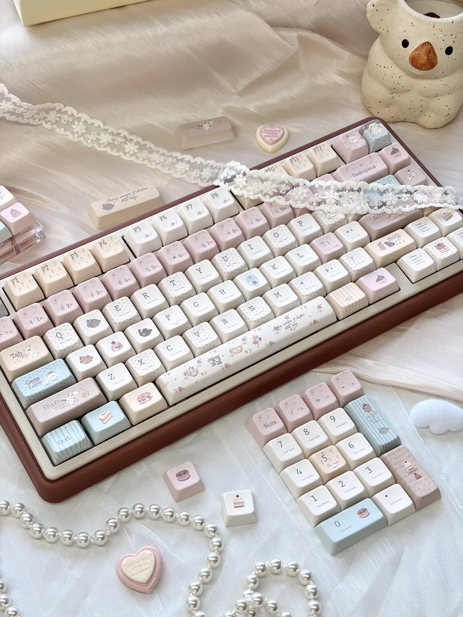 Playful 147-key MDA Whimsical Dessert Party Bunny mechanical keycap set, featuring charming pastel bunnies and sweet treats for a delightful keyboard.