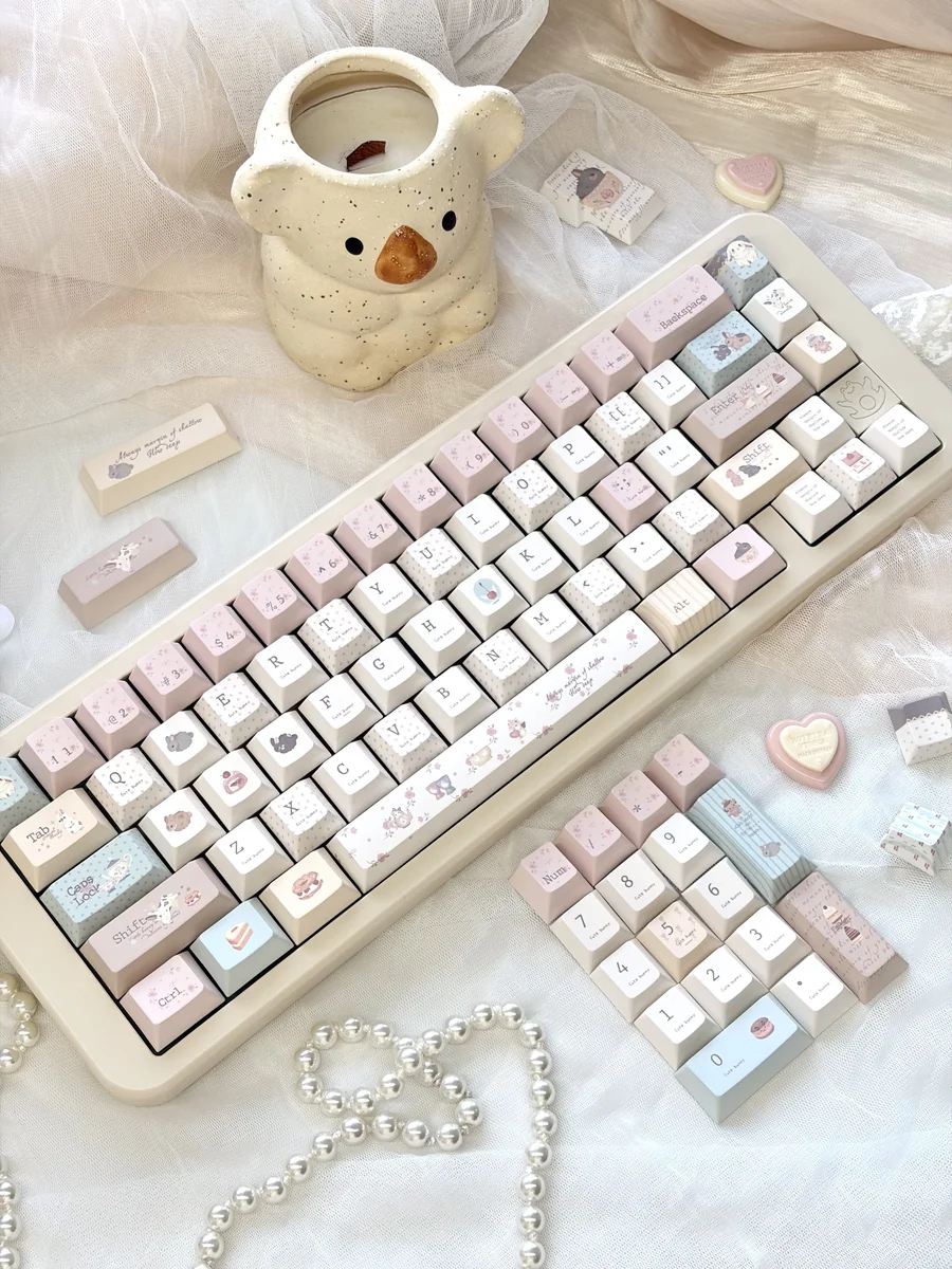 Full layout of the Whimsical Dessert Party Bunny 147-key Cherry profile mechanical keycap set, showcasing adorable pastel bunnies and charming dessert design.