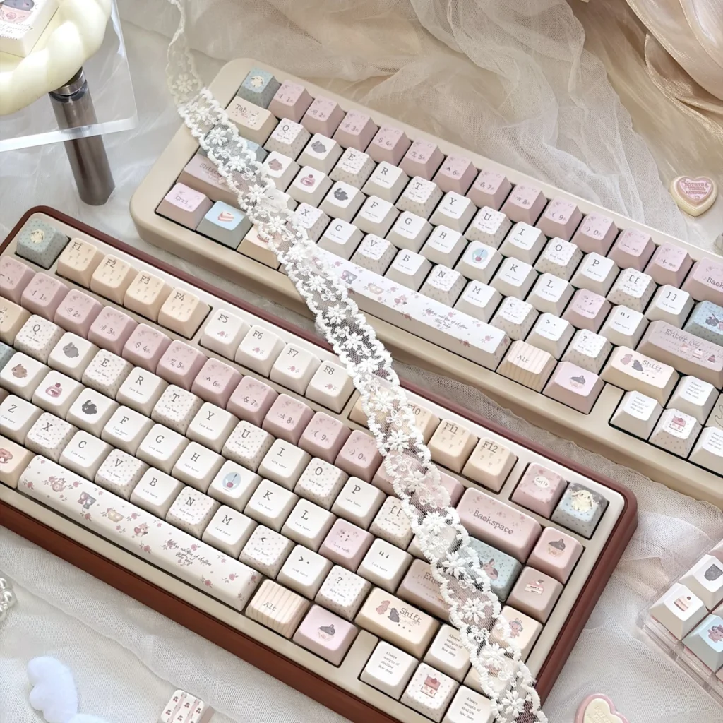 Whimsical Dessert Party Bunny Mechanical Keycap Set featuring adorable pastel bunnies enjoying sweets, perfect for playful keyboards.
