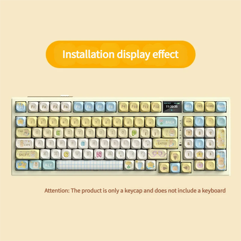 An adorable Butter Bear PBT dye-sub keycap set, featuring whimsical yellow and cream designs, presented from different playful perspectives.