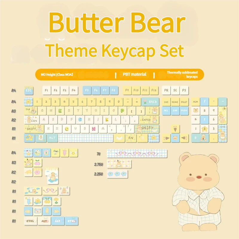 Whimsical Butter Bear PBT keycap set displayed from various angles, highlighting the adorable yellow and cream dye-sub designs for a joyful, playful angles.