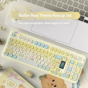 Whimsical Joyful Butter Bear PBT Dye-Sub keycap set, showcasing adorable cartoon bears in warm yellow and cream tones.