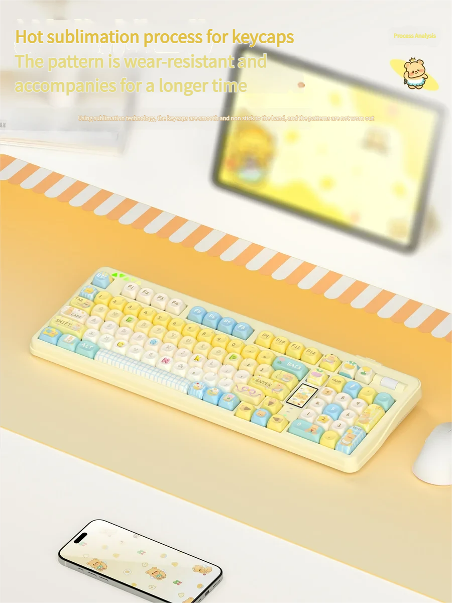 Adorable Butter Bear Mechanical Keyboard showcasing its compact design, premium customizable features, interactive display, and scroll wheel.