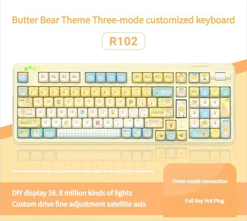 Adorable Butter Bear Mechanical Keyboard featuring premium Phantom Purple switches, known for their satisfying mahjong sound, in its whimsical compactible setup.
