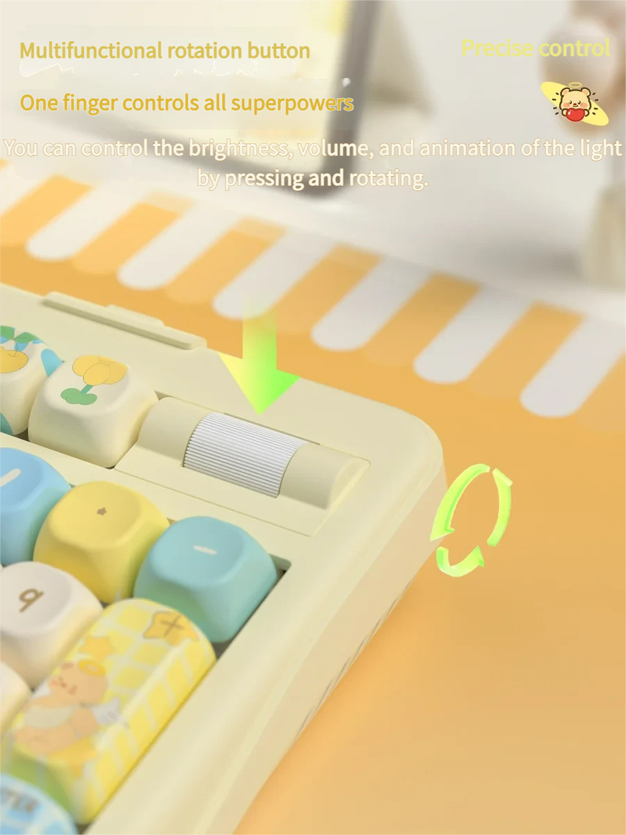 Butter Bear Mechanical Keyboard from various angles, highlighting its adorable aesthetic, premium features, interactive display, and scroll wheel.
