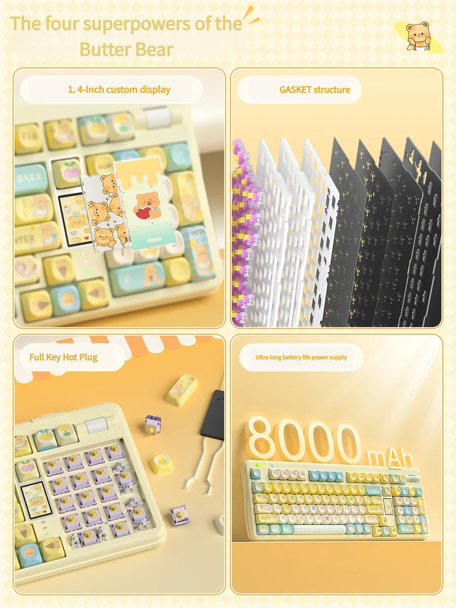 Adorable Butter Bear mechanical keyboard with premium customizable features, compact design, interactive display, and functional scroll wheel.