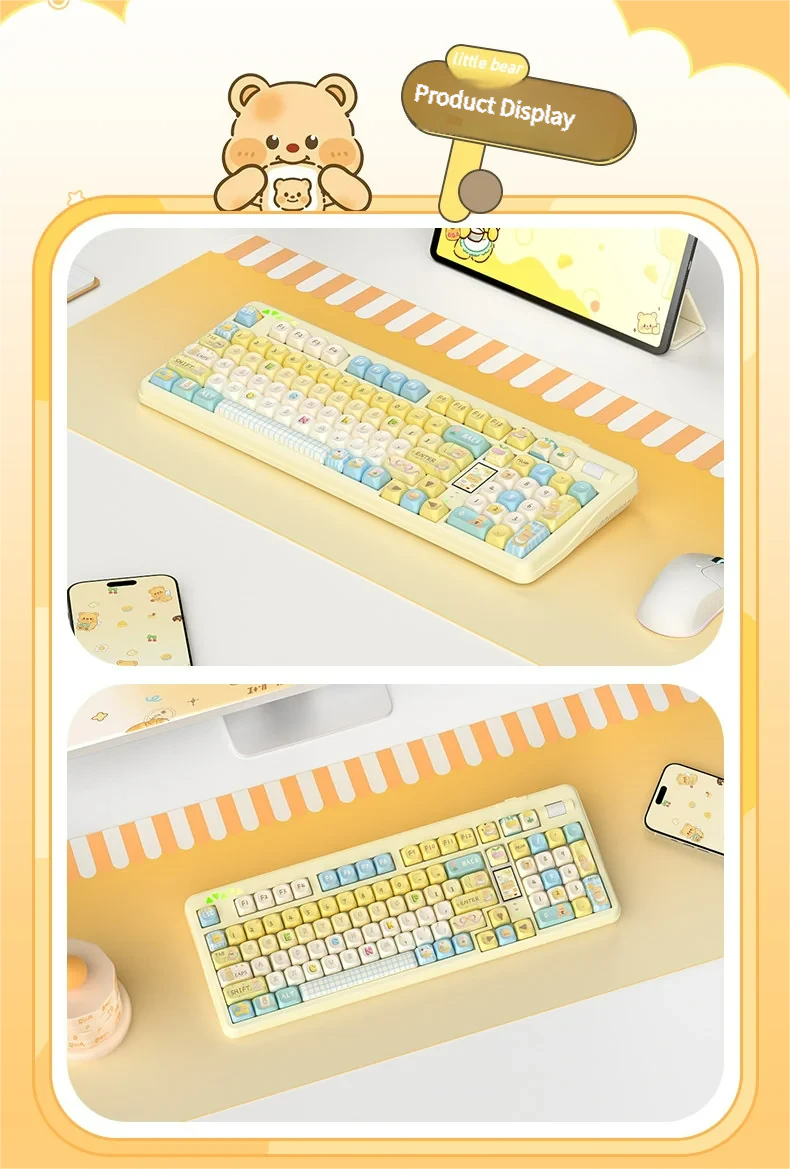 Butter Bear Mechanical Keyboard close-up, showing its adorable design, interactive display, and premium scroll wheel from multiple angles.