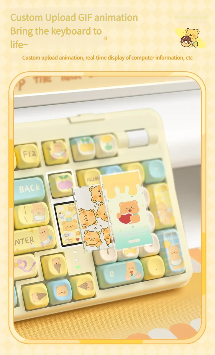 Adorable Butter Bear mechanical keyboard with custom translucent milk ice switches, delivering a premium, whimsical typing experience.