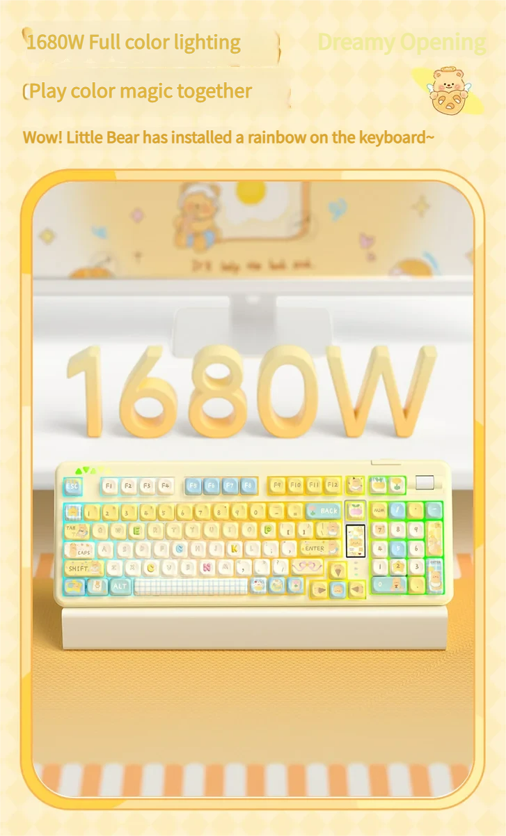 Adorable Butter Bear Mechanical Keyboard featuring premium Phantom Purple switches, known for their satisfying mahjong sound, in its whimsical compactible setup.