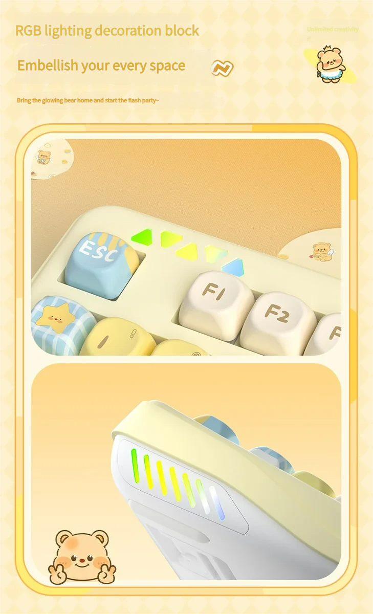 Adorable Butter Bear mechanical keyboard showcasing its premium silent Nuomi switches for a quiet, playful, and customizable typing experience.