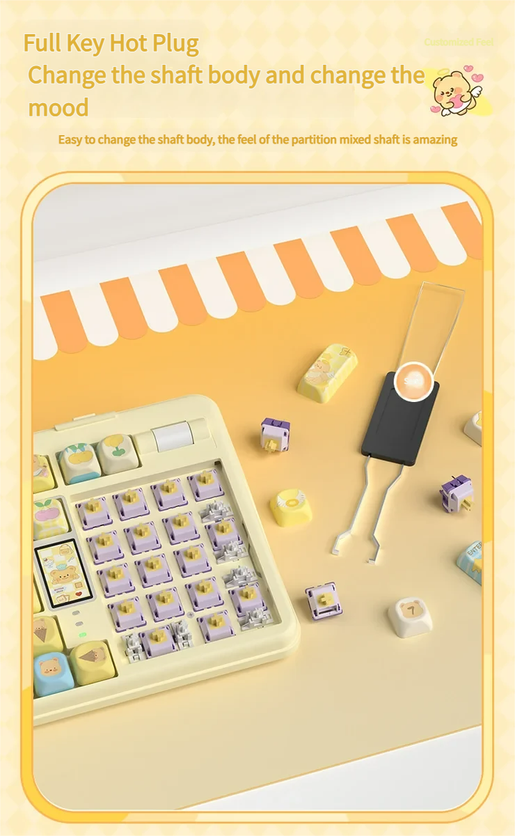 Butter Bear mechanical keyboard with vibrant mint switches, delivering a crisp firecracker sound. This premium, playful custom keyboard offers a unique design.