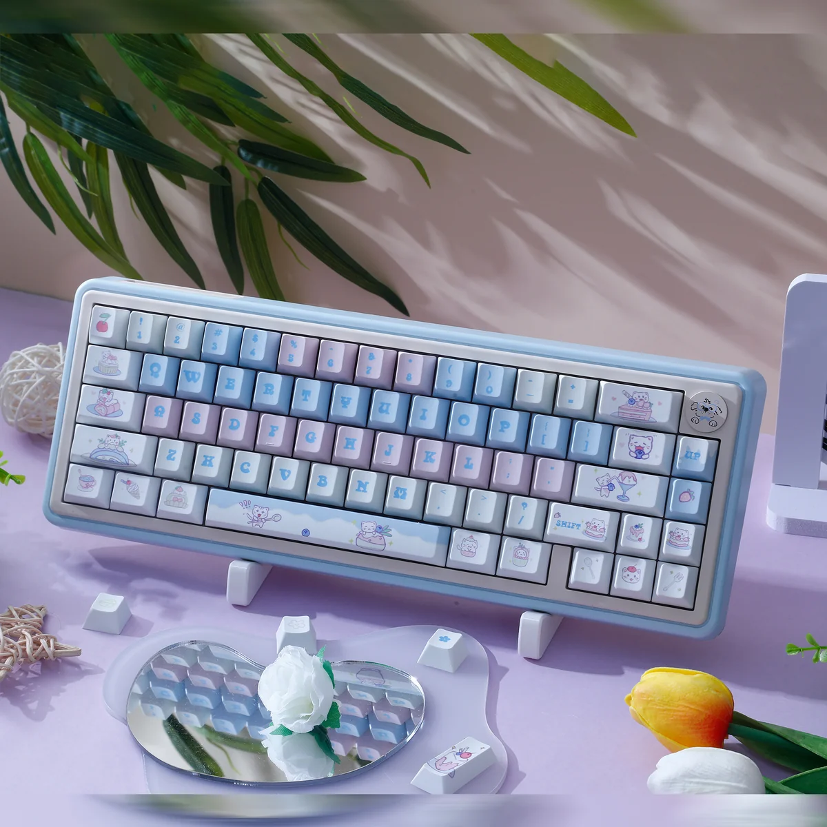 Adorable Cat Cake PBT Dye-Sub keycap set showcased from various delightful angles, featuring whimsical pastel cat and cake designs.