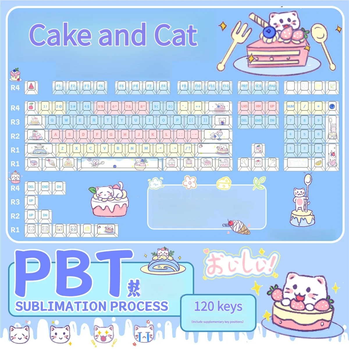 Whimsical Cat Cake PBT dye-sub keycap set from various angles. Adorable pastel cat and cake motifs highlight the charming details of this delightful charm.