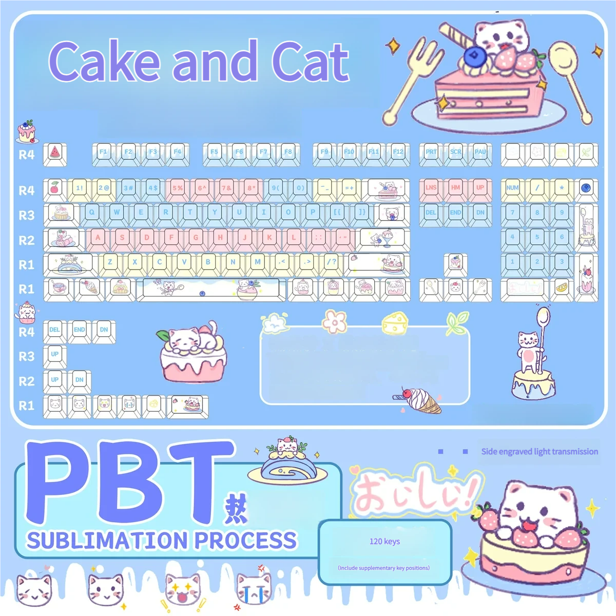 Adorable Cat Cake PBT keycap set, showcasing whimsical pastel cat and cake motifs with unique side-lit legends for a playful keyboard.