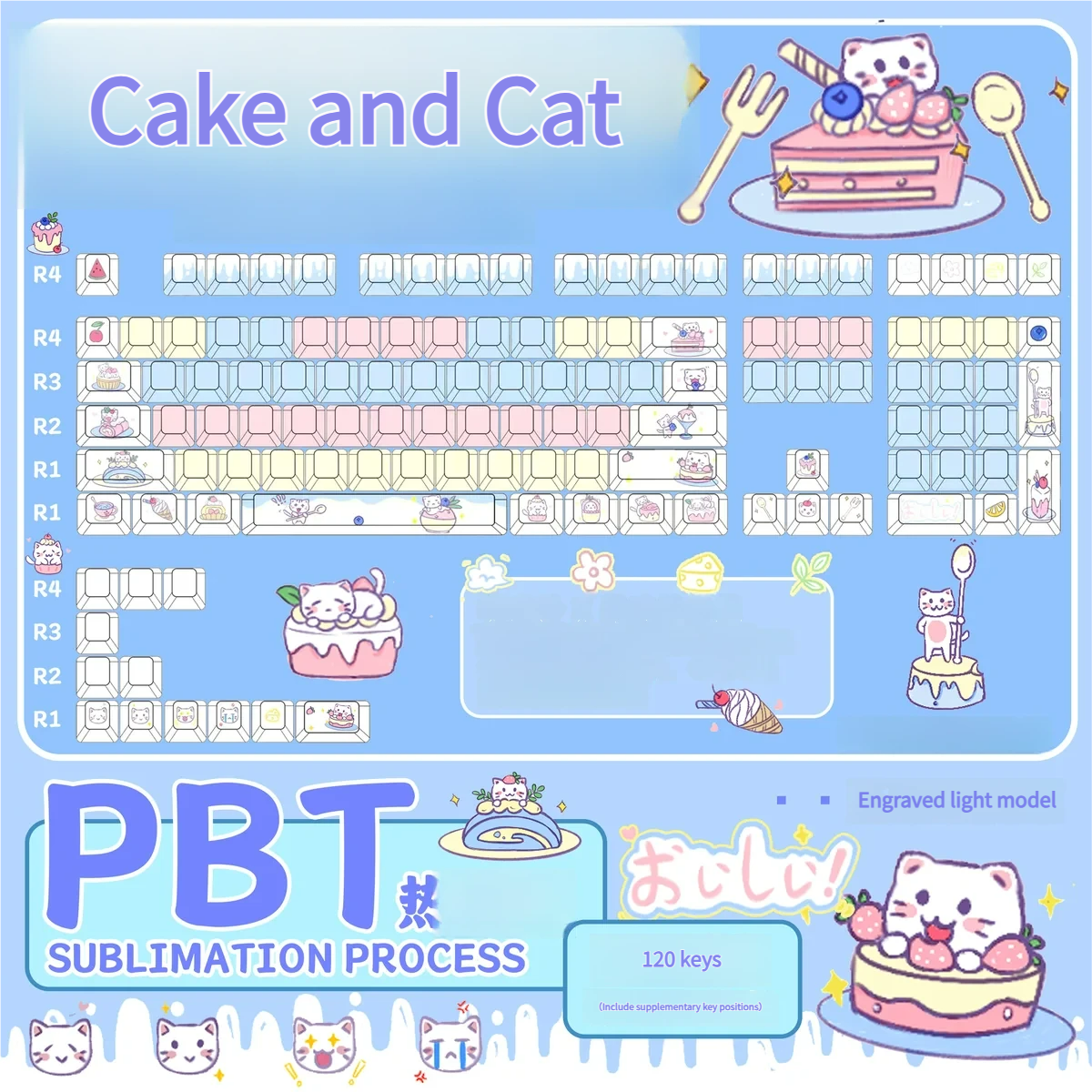 Adorable Cat Cake PBT dye-sub keycap set for standard layouts, featuring whimsical pastel cat and cake motifs with front-lit legends.