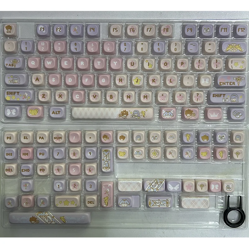 Detailed views of iconic Cardcaptor Sakura PBT Dye-Sub keycaps set, highlighting their whimsical pastel pink and purple designs and magical anime motifs.