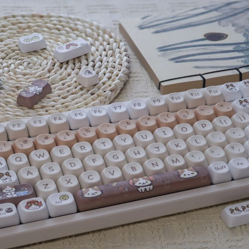 Adorable PBT Cat Eat Japanese Food keycaps set featuring playful cats and vibrant Japanese dishes, showcased from multiple charming angles.
