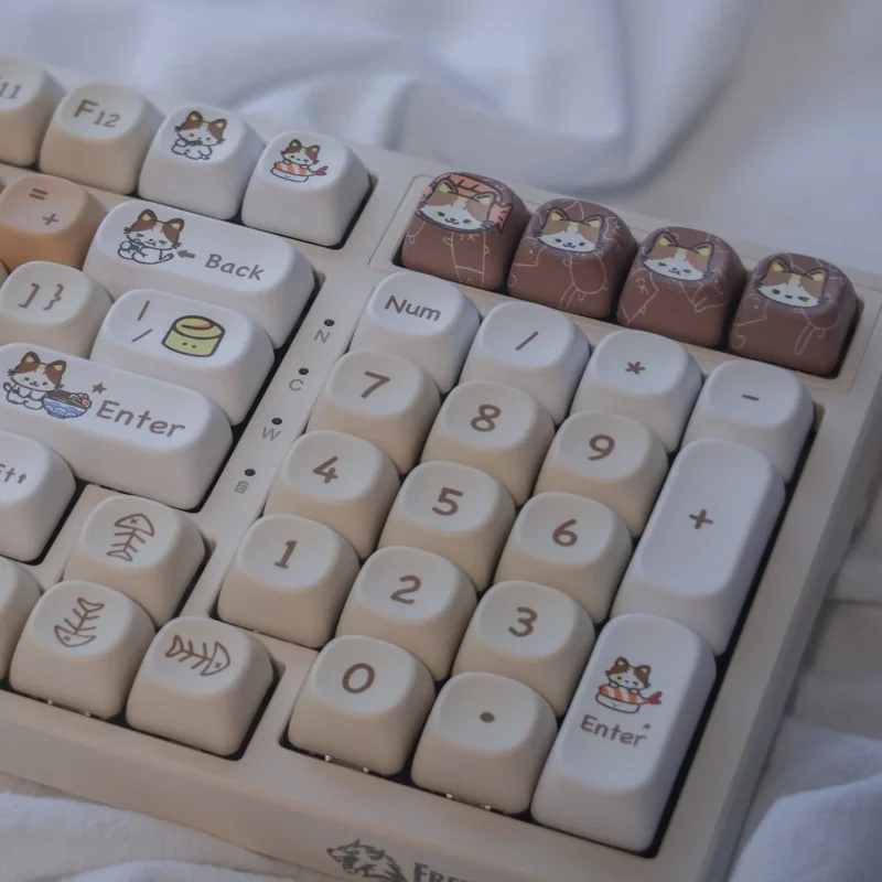 Playful PBT Cat Eat Japanese Food keycaps set showcasing adorable cartoon cats enjoying Japanese food, presented from various charming angles in a whimsical style.