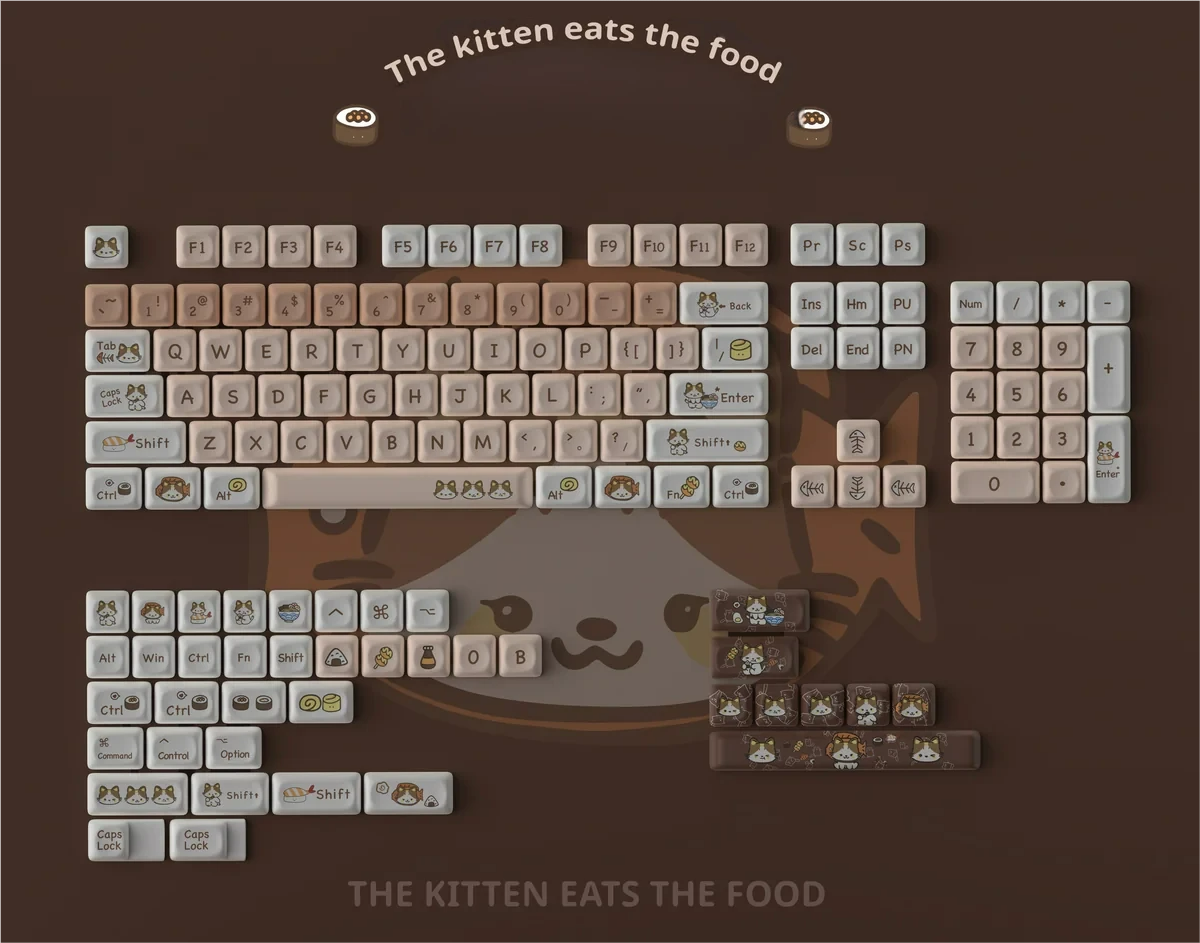 Playful PBT Cat Eat Japanese Food keycaps set depicting adorable cats with Japanese food, shown from multiple angles. Charming, whimsical designs for a unique keyboard setup.