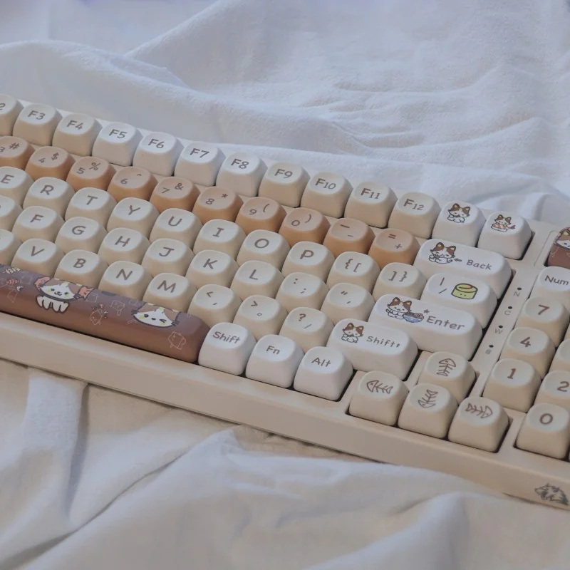 A delightful collection of PBT Cat Eat Japanese Food keycaps set showcasing playful cats enjoying ramen, sushi, and other vibrant Japanese dishes from various angles.