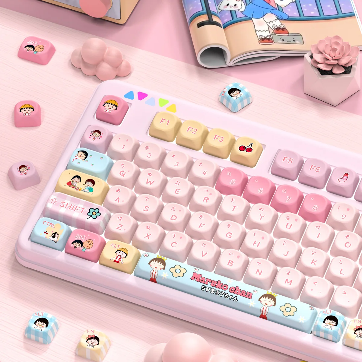 A vibrant set of Chibi Maruko PBT keycaps set, featuring cute characters in MOA profile. Multiple angles highlight their nostalgic charm and crisp designs.