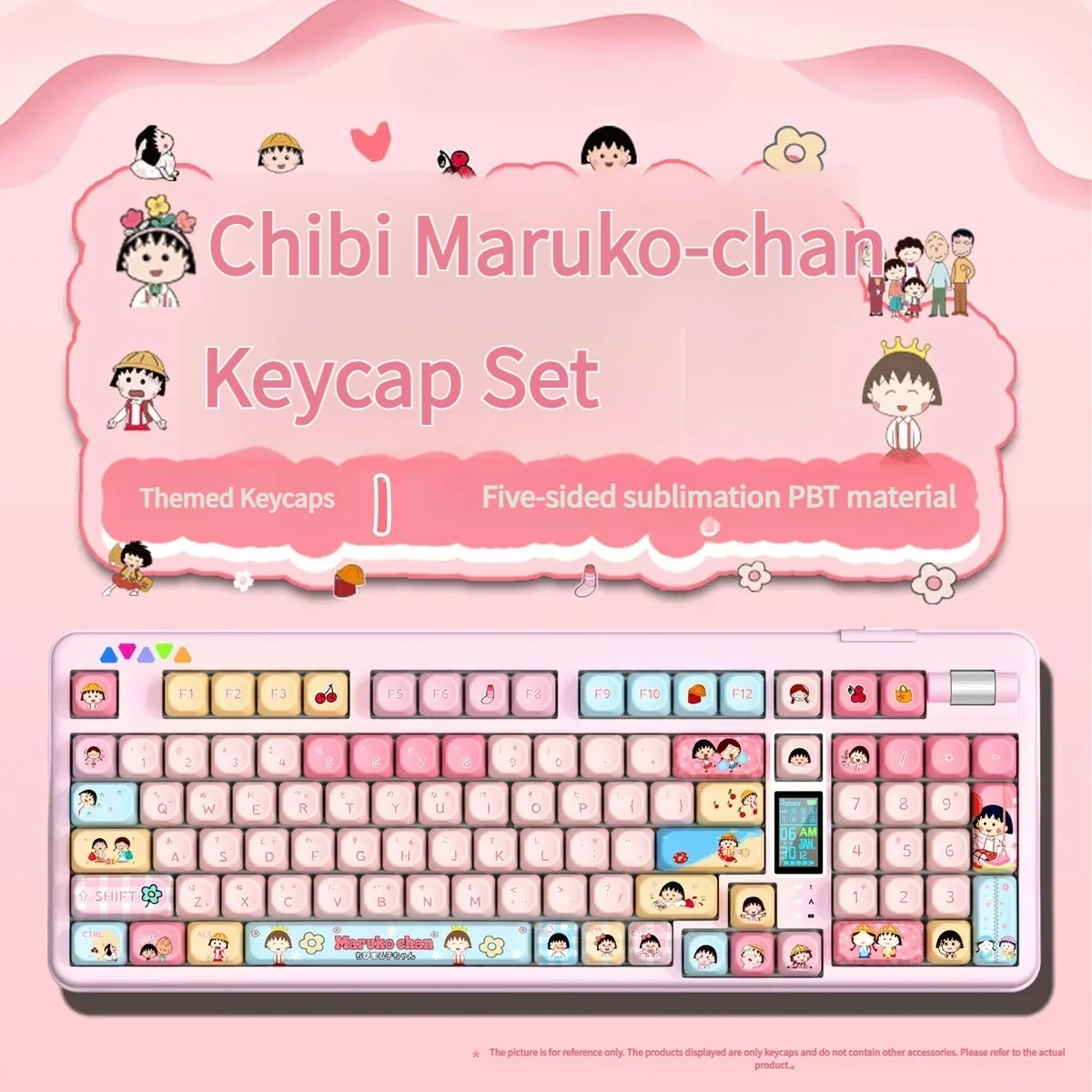 Detailed view of vibrant Chibi Maruko PBT keycaps set from the nostalgic MOA profile set, showcasing cute character designs and durable PBT material.