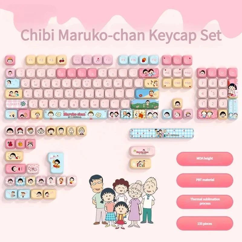 A close-up view of the playful Chibi Maruko PBT keycaps set, showcasing their vibrant Maruko-chan designs and unique MOA profile from a diagonal angle.