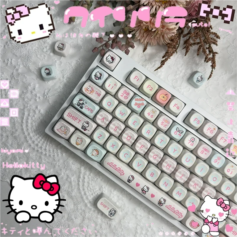 A playful collection of Hello Kitty MOA PBT keycaps set from various angles, showcasing iconic bows, charming characters, and durable pastel designs.