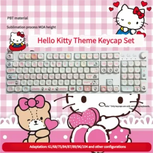 Playful Hello Kitty MOA PBT keycap set featuring whimsical characters and iconic bows in pastel colors. Durable and cute.