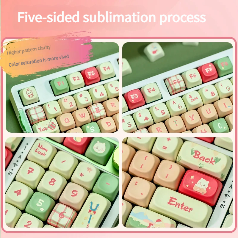 A delightful arrangement of adorable Chiikawa PBT keycaps set, showcasing the whimsical pastel characters from a charming new angle for a playful desktop.