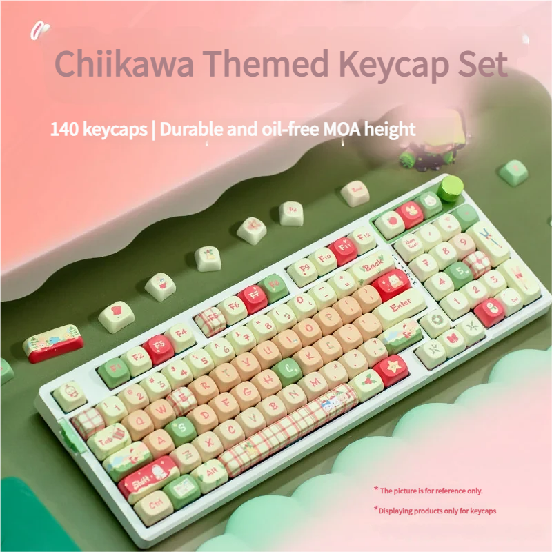 Whimsical MOA Chiikawa PBT keycap set, neatly presented in a box with a keycap puller, showcasing adorable pastel characters for a playful desktop.