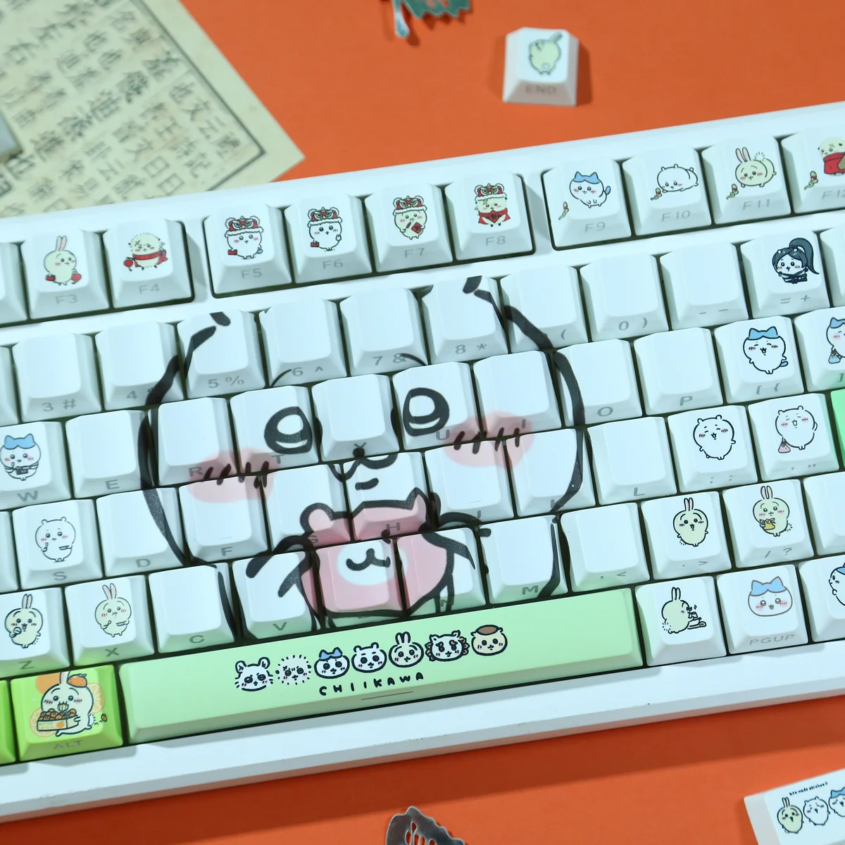 Gallery views of adorable Chiikawa Hachiware PBT keycaps set, showcasing charming dye-sub art, soft pastels, and backlit compatibility.